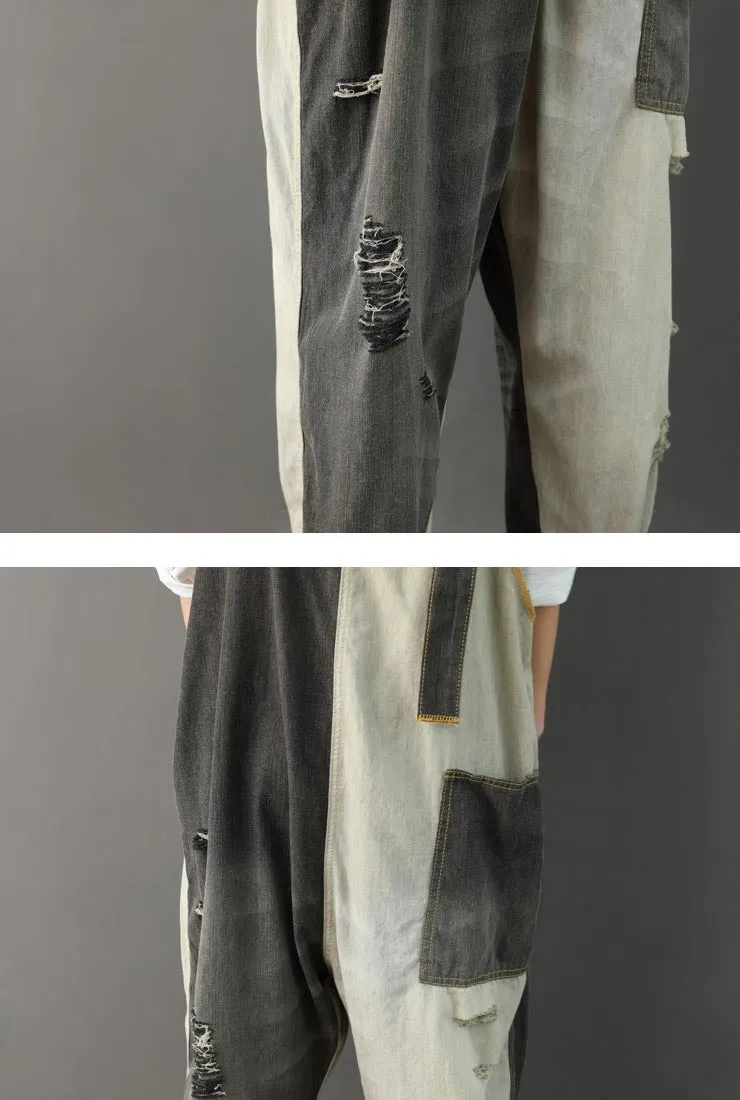 Loose-Fit Distressed Ripped Denim Wide-leg Overalls