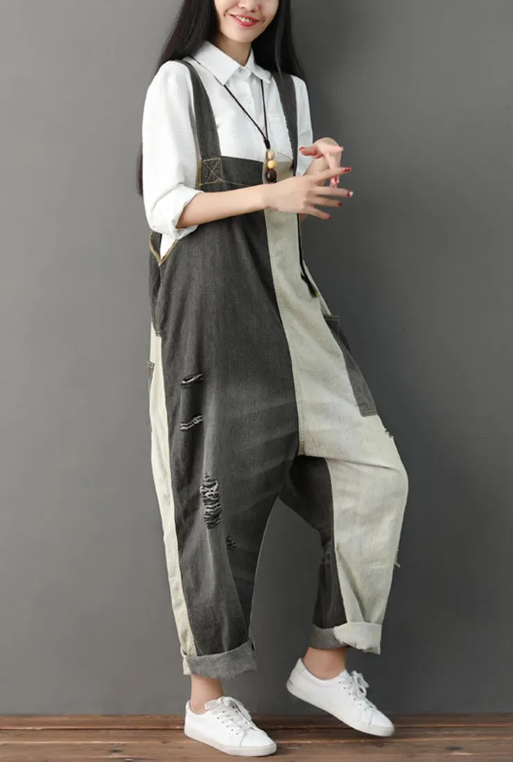 Loose-Fit Distressed Ripped Denim Wide-leg Overalls