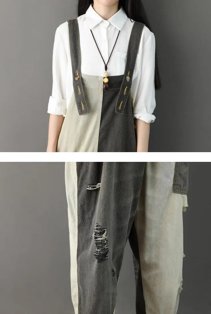 Loose-Fit Distressed Ripped Denim Wide-leg Overalls