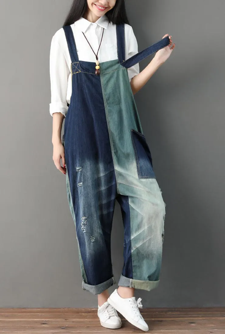 Loose-Fit Distressed Ripped Denim Wide-leg Overalls