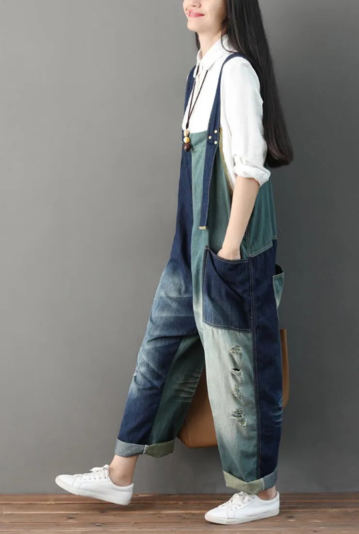 Loose-Fit Distressed Ripped Denim Wide-leg Overalls
