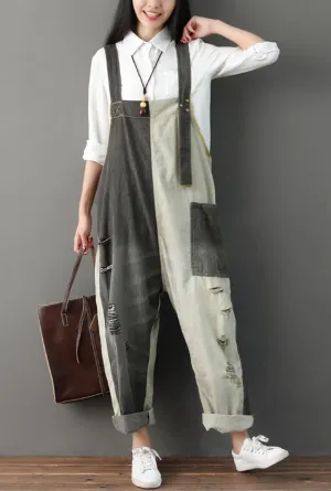 Loose-Fit Distressed Ripped Denim Wide-leg Overalls