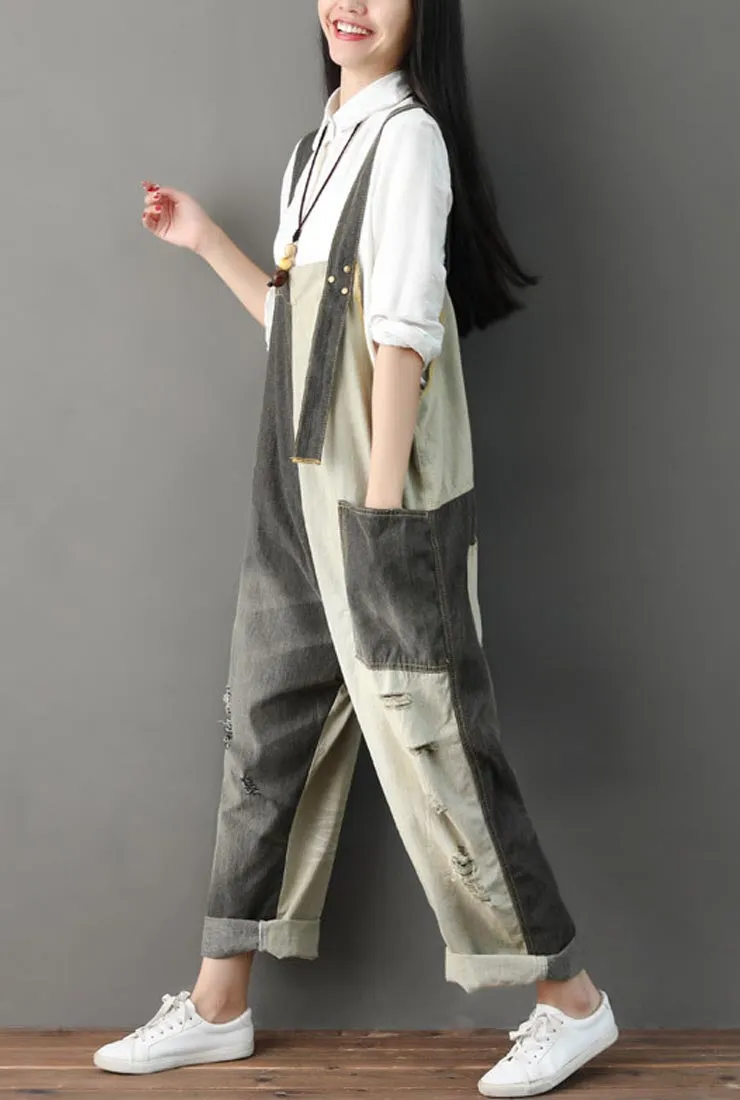Loose-Fit Distressed Ripped Denim Wide-leg Overalls