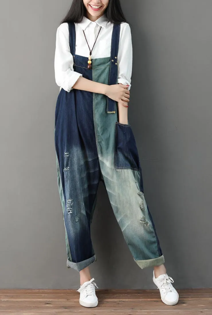 Loose-Fit Distressed Ripped Denim Wide-leg Overalls