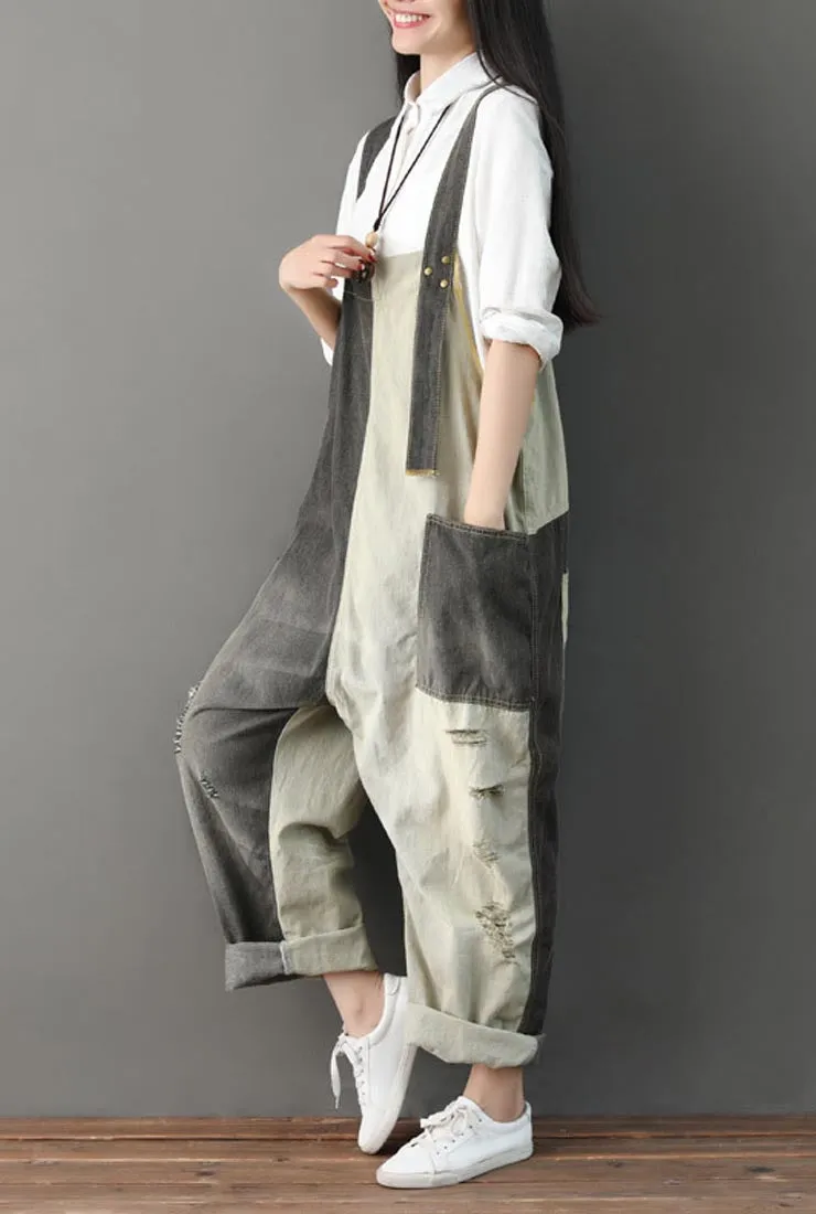 Loose-Fit Distressed Ripped Denim Wide-leg Overalls