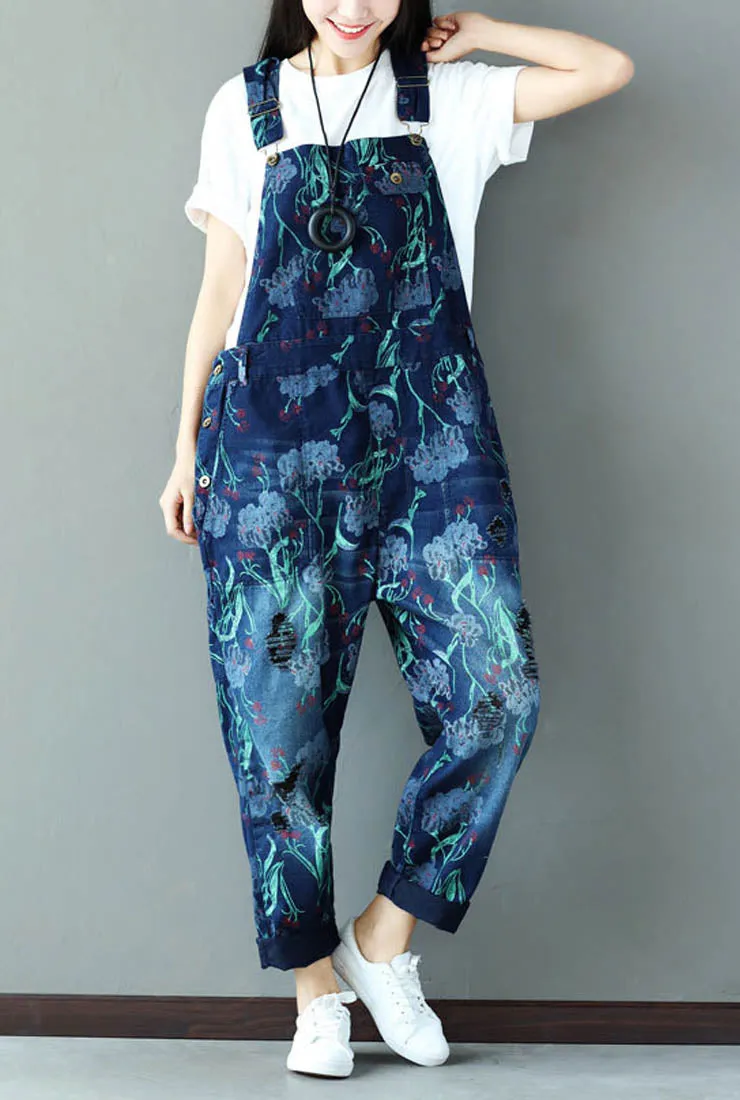 Loose-Fit Floral Distressed Denim Overalls