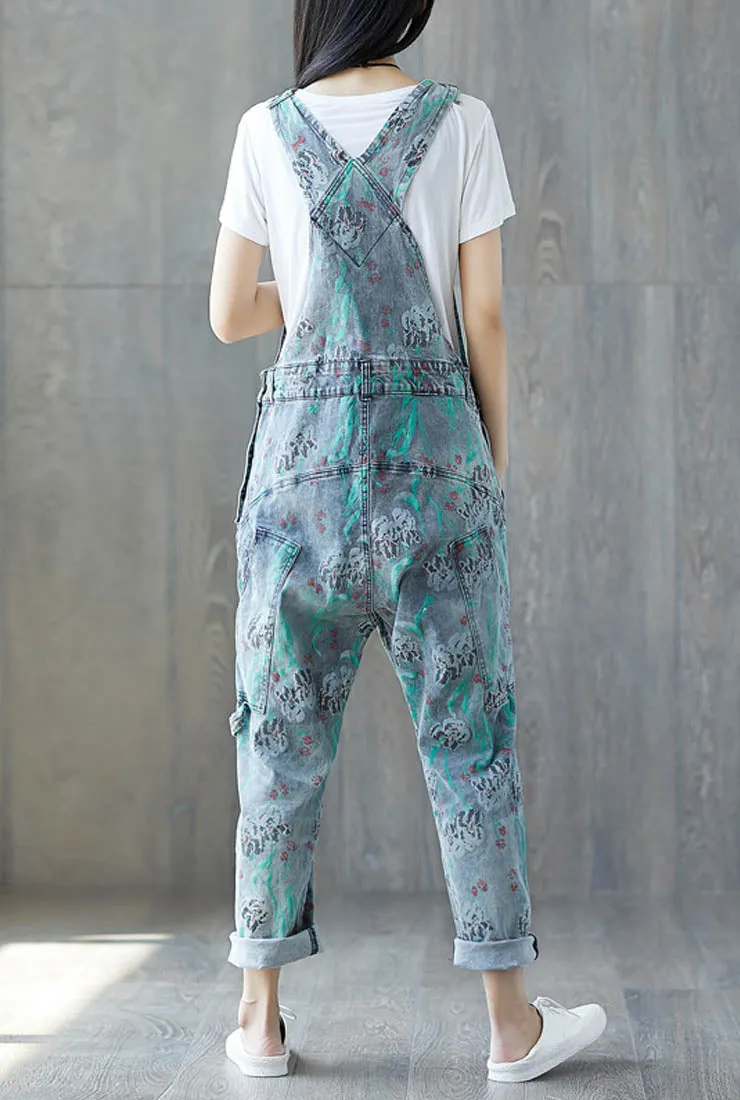 Loose-Fit Floral Distressed Denim Overalls