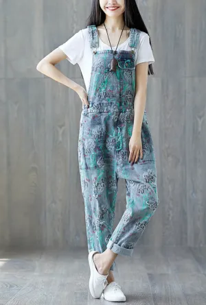 Loose-Fit Floral Distressed Denim Overalls
