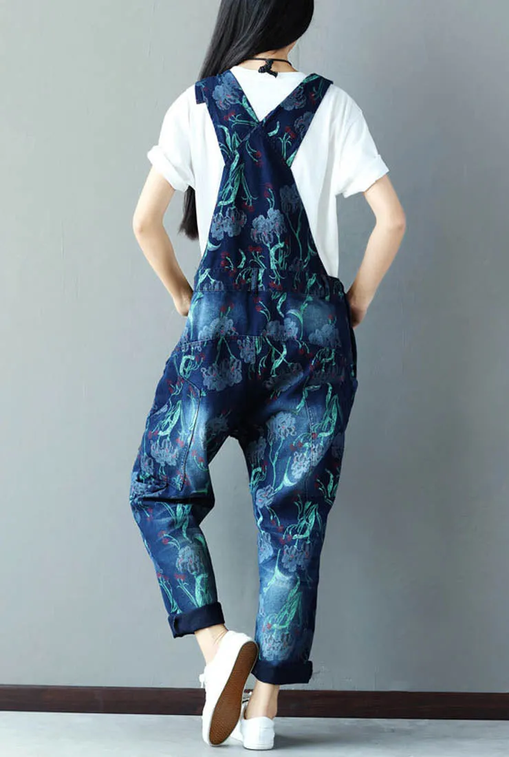 Loose-Fit Floral Distressed Denim Overalls