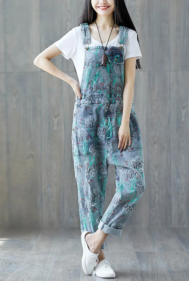 Loose-Fit Floral Distressed Denim Overalls