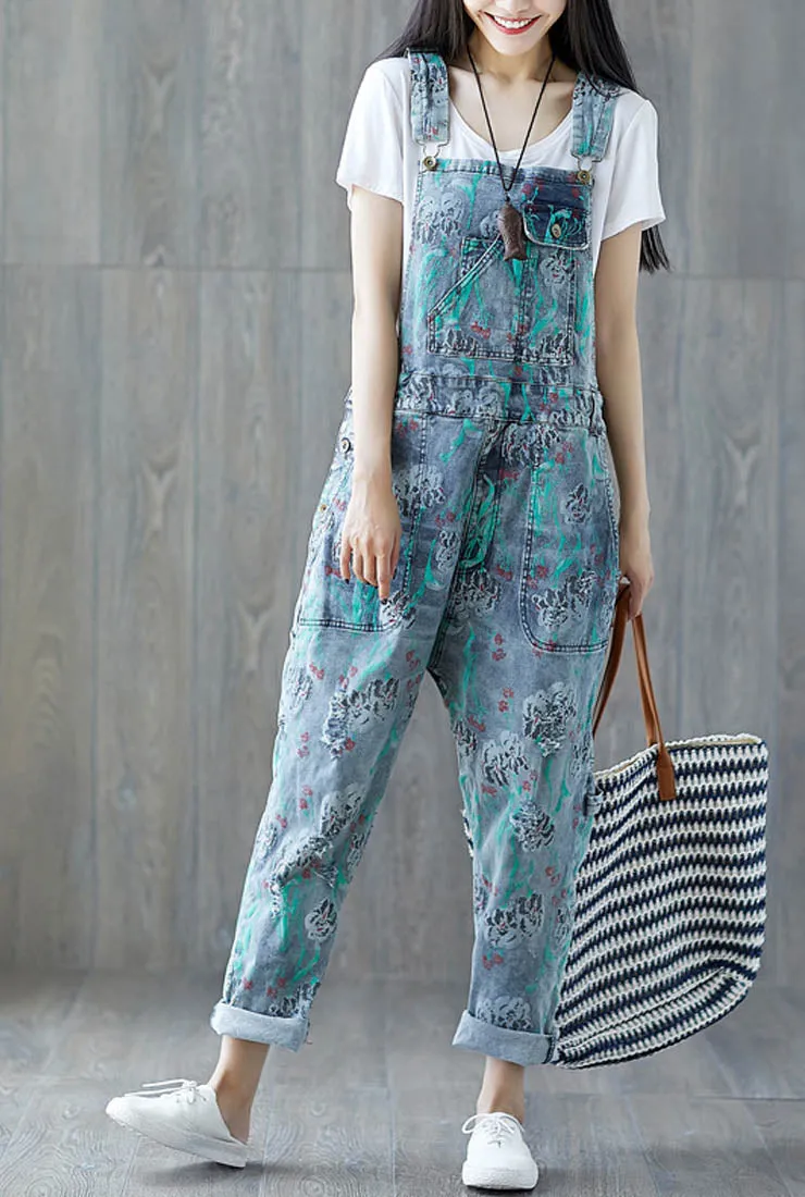 Loose-Fit Floral Distressed Denim Overalls