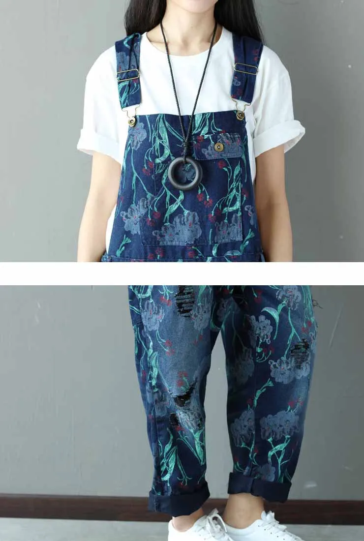 Loose-Fit Floral Distressed Denim Overalls