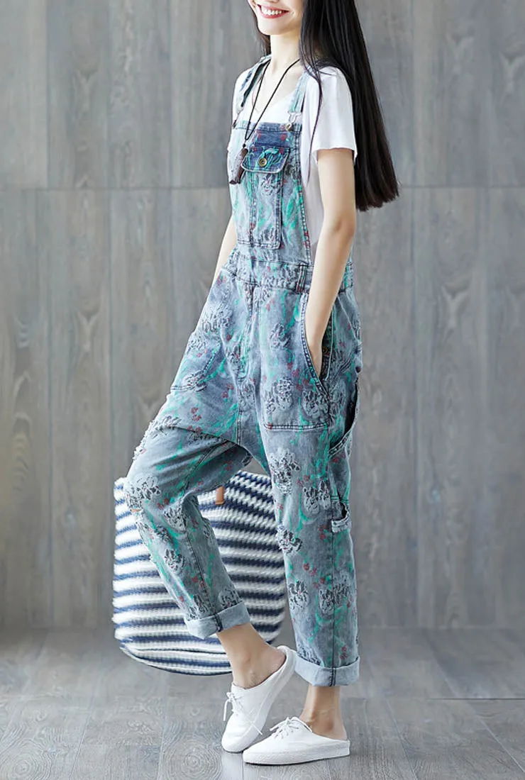 Loose-Fit Floral Distressed Denim Overalls