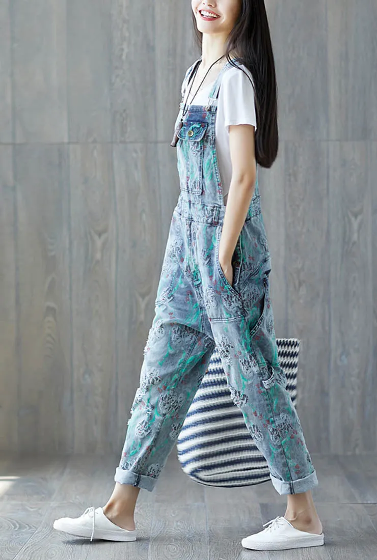 Loose-Fit Floral Distressed Denim Overalls