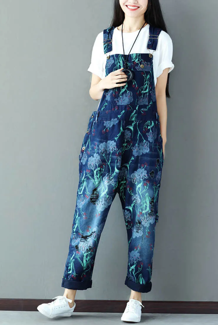 Loose-Fit Floral Distressed Denim Overalls