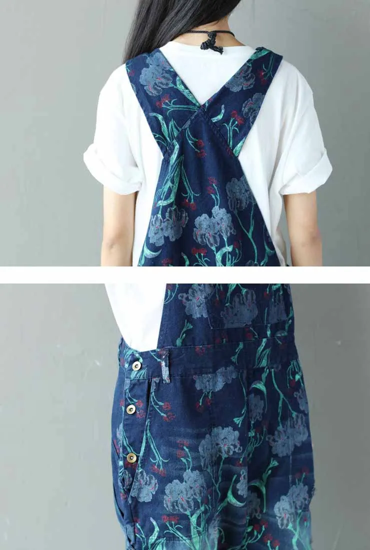 Loose-Fit Floral Distressed Denim Overalls