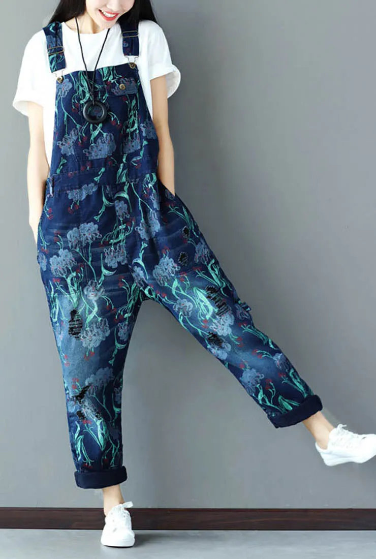 Loose-Fit Floral Distressed Denim Overalls