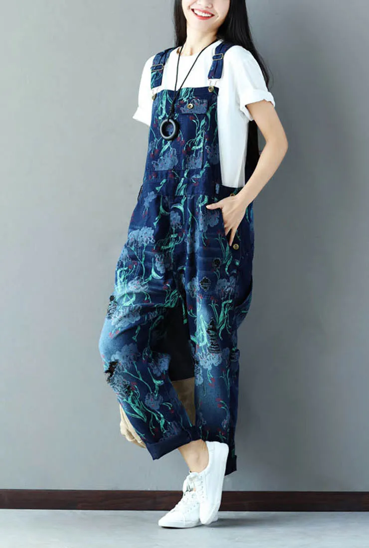 Loose-Fit Floral Distressed Denim Overalls