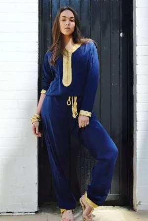 Marrakech Navy Blue Kara Jumpsuit-Embroidered Jumpsuit