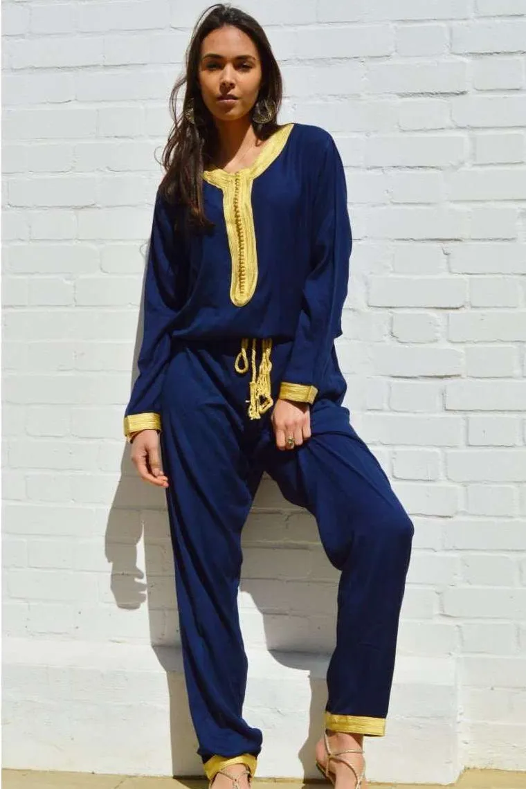 Marrakech Navy Blue Kara Jumpsuit-Embroidered Jumpsuit