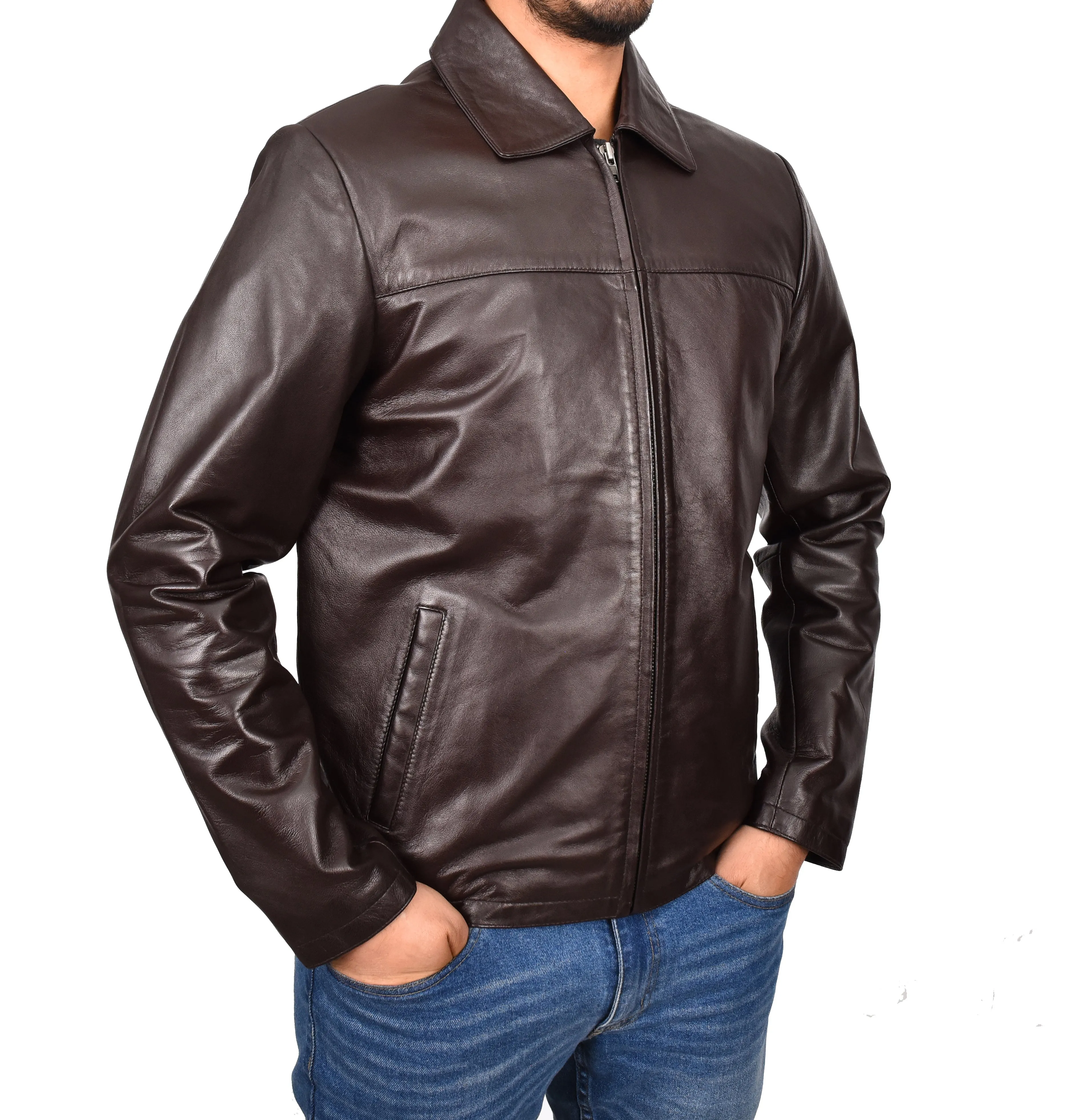 Men's Classic Zip Box Real Leather Jacket Brown Forge