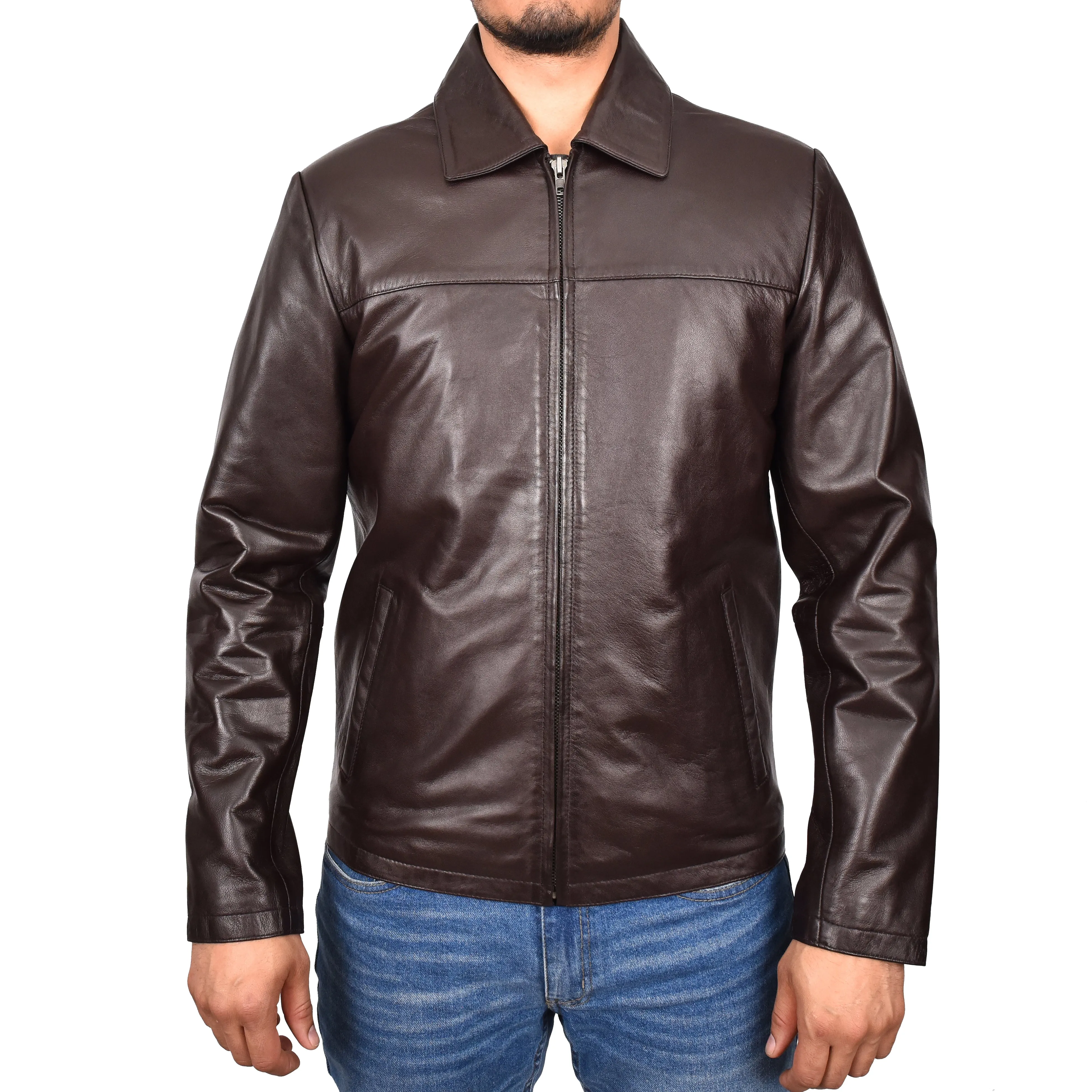 Men's Classic Zip Box Real Leather Jacket Brown Forge