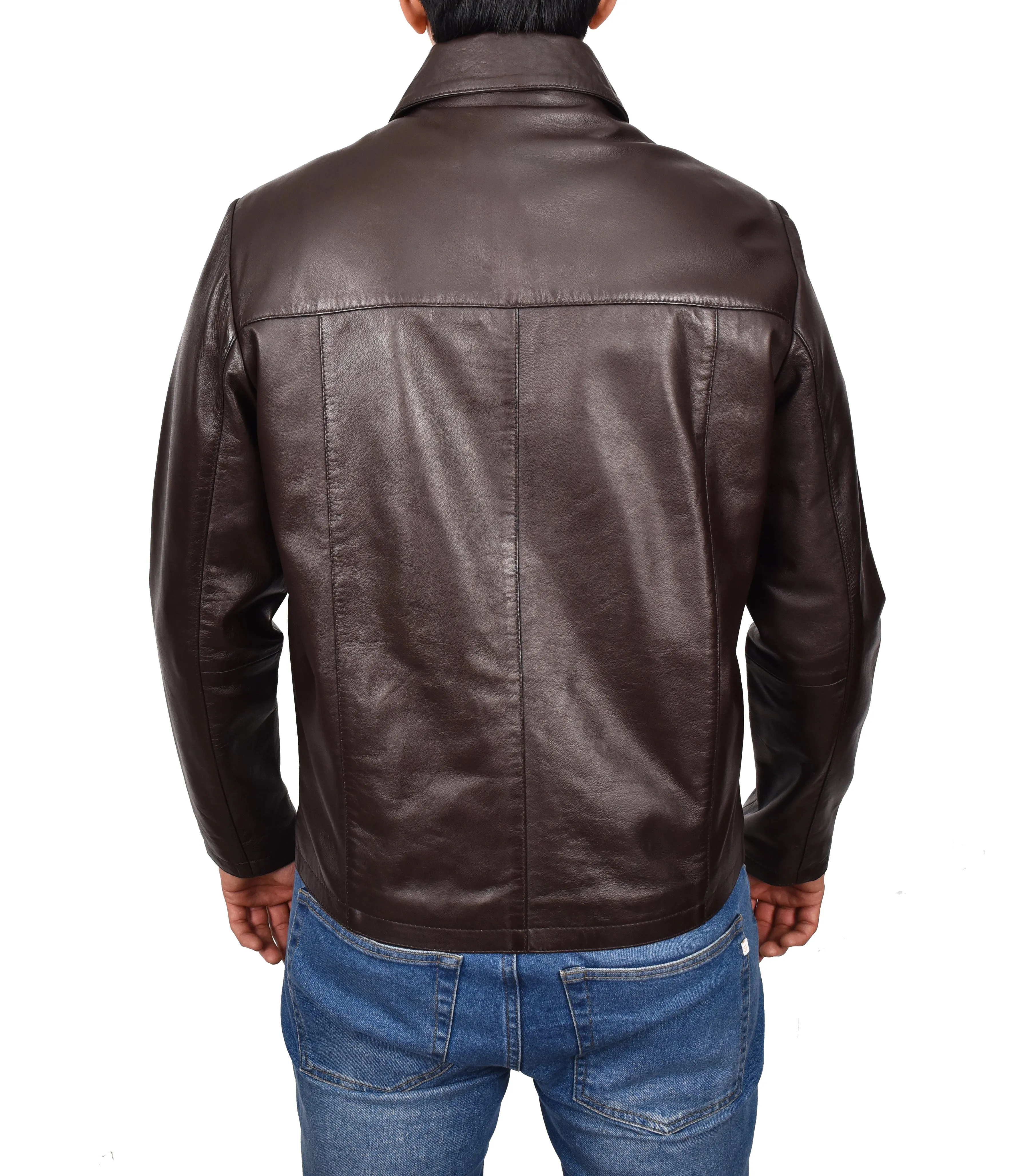 Men's Classic Zip Box Real Leather Jacket Brown Forge