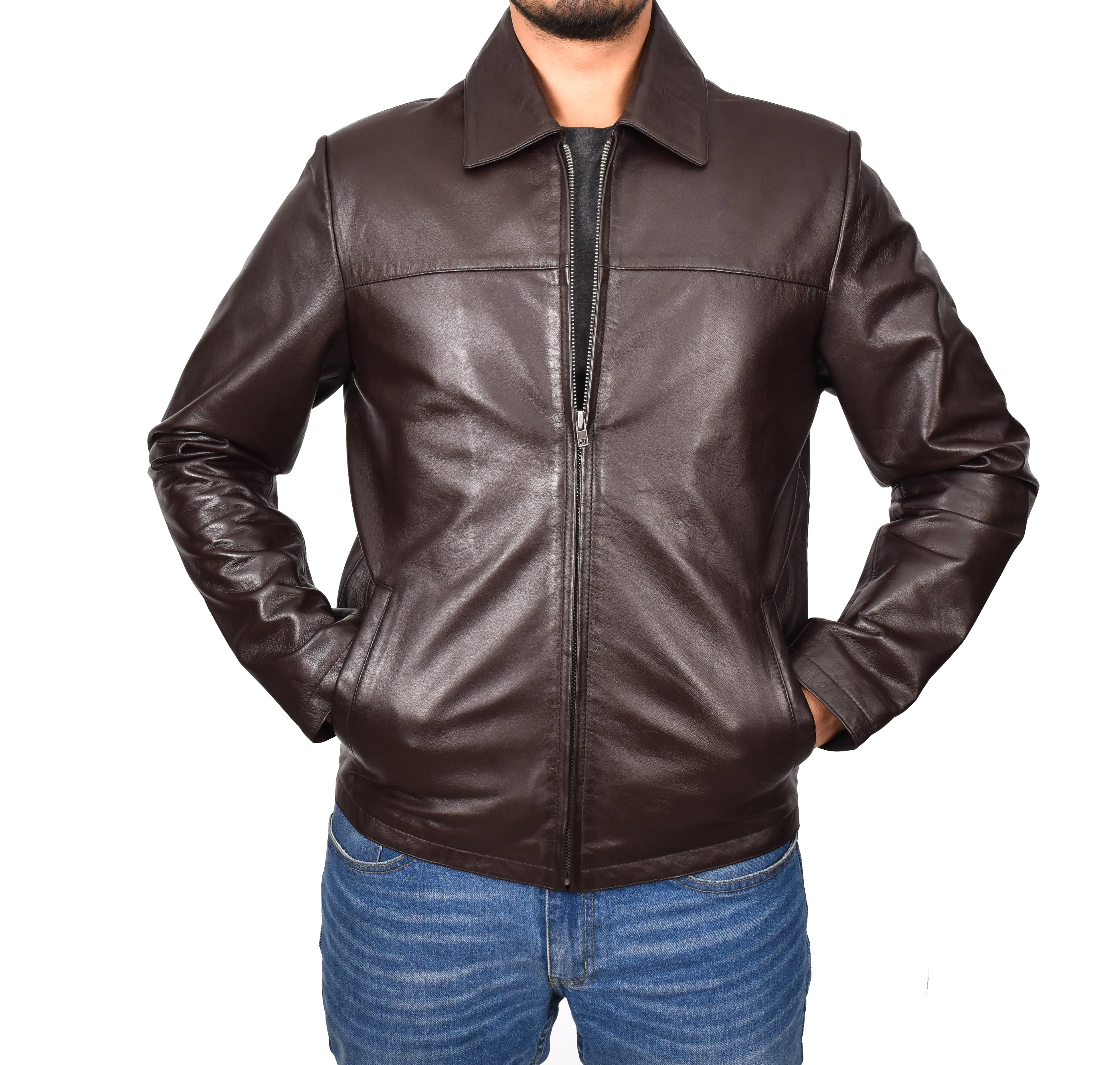Men's Classic Zip Box Real Leather Jacket Brown Forge