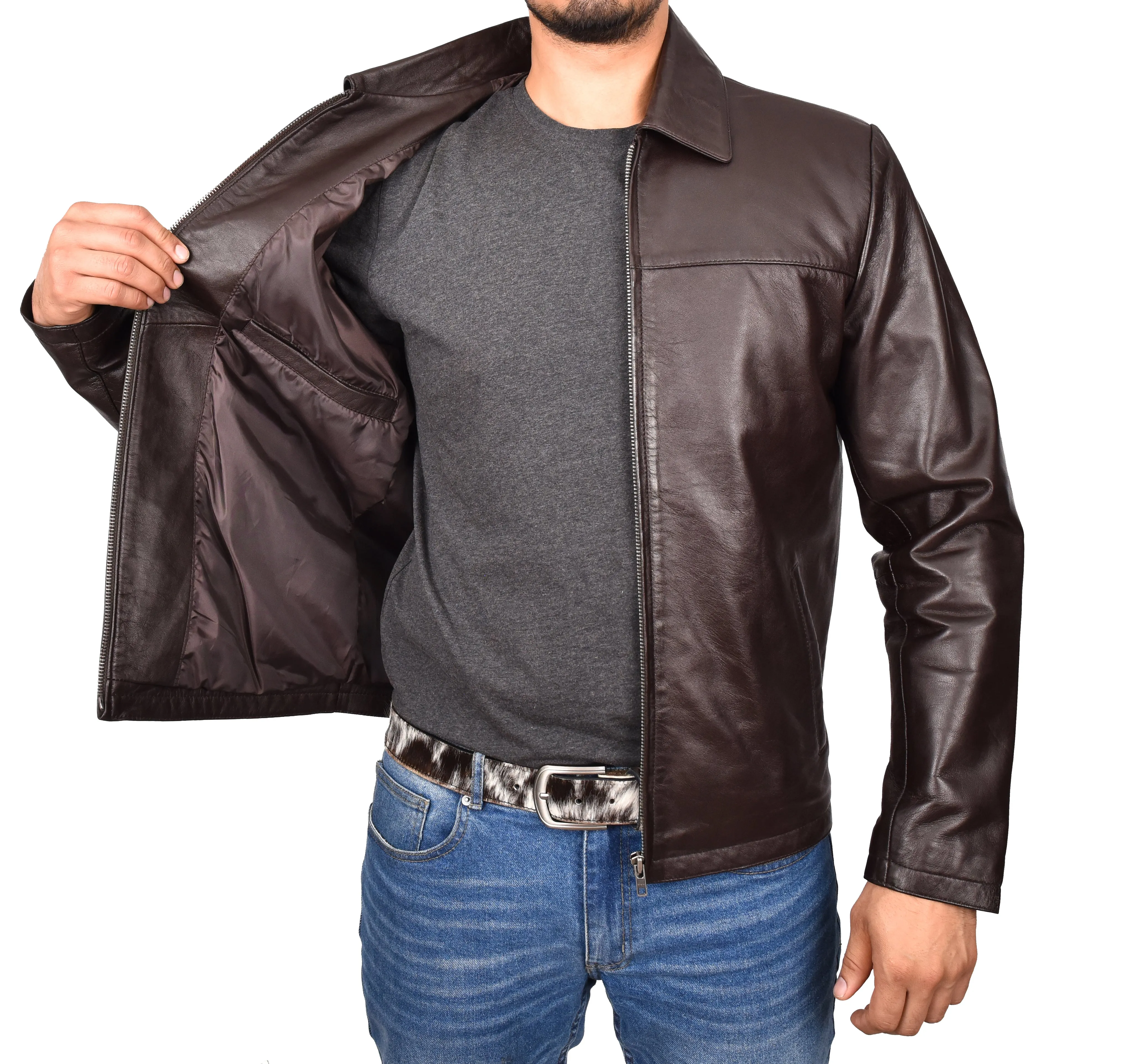 Men's Classic Zip Box Real Leather Jacket Brown Forge