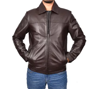 Men's Classic Zip Box Real Leather Jacket Brown Forge