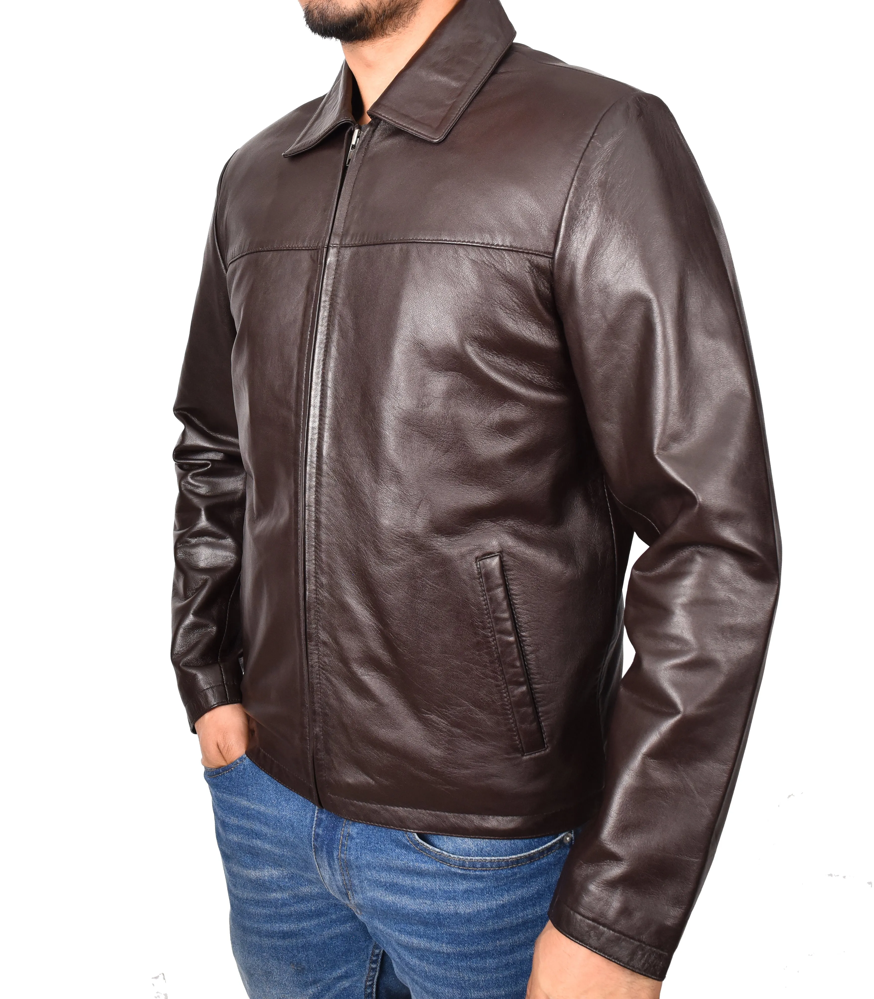 Men's Classic Zip Box Real Leather Jacket Brown Forge
