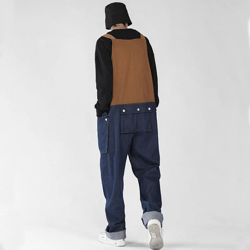 Men's Loose Straight Denim Stitching Overalls