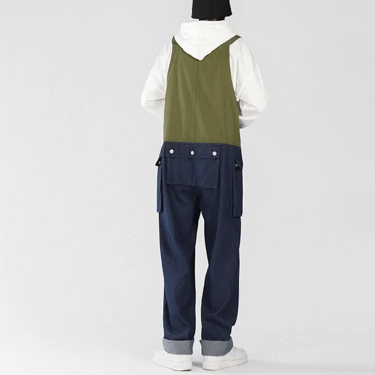 Men's Loose Straight Denim Stitching Overalls