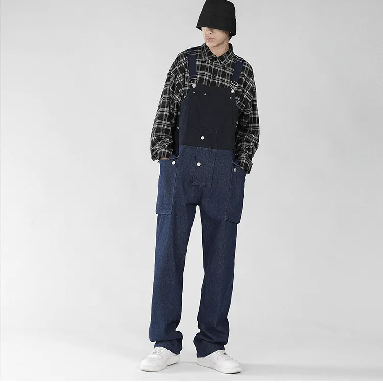 Men's Loose Straight Denim Stitching Overalls