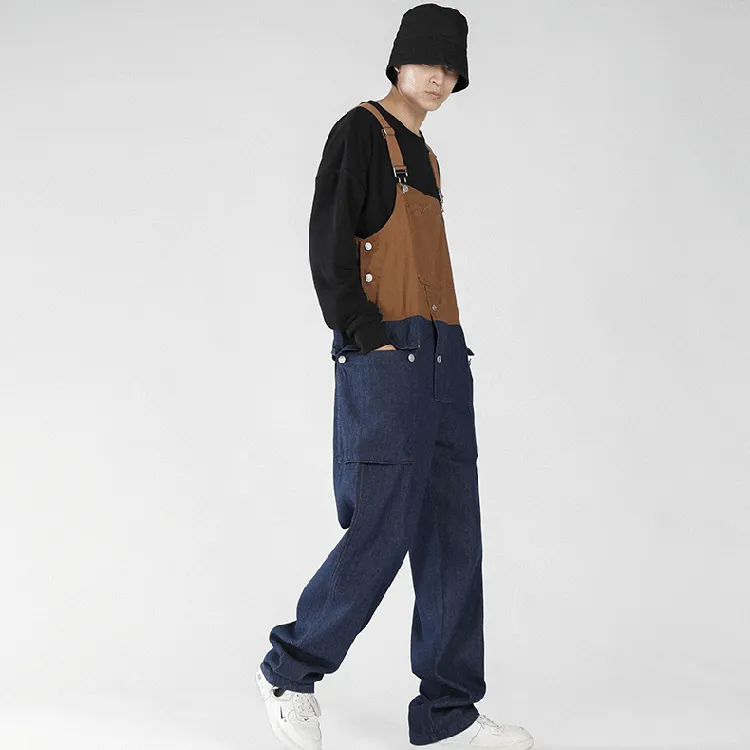 Men's Loose Straight Denim Stitching Overalls