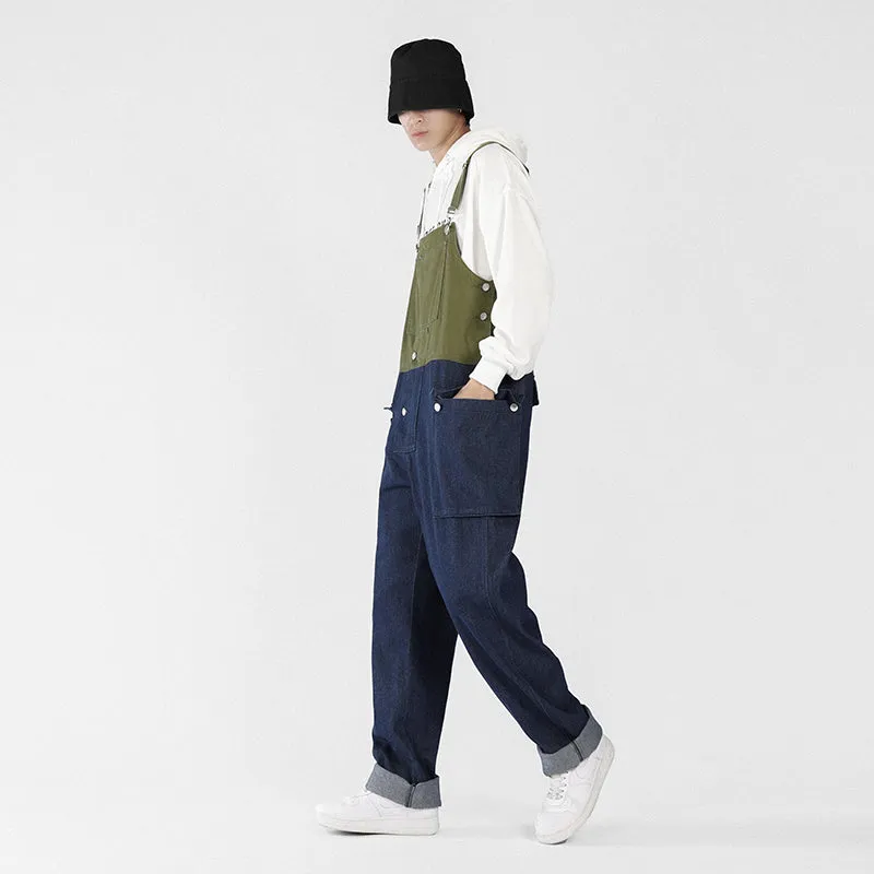 Men's Loose Straight Denim Stitching Overalls