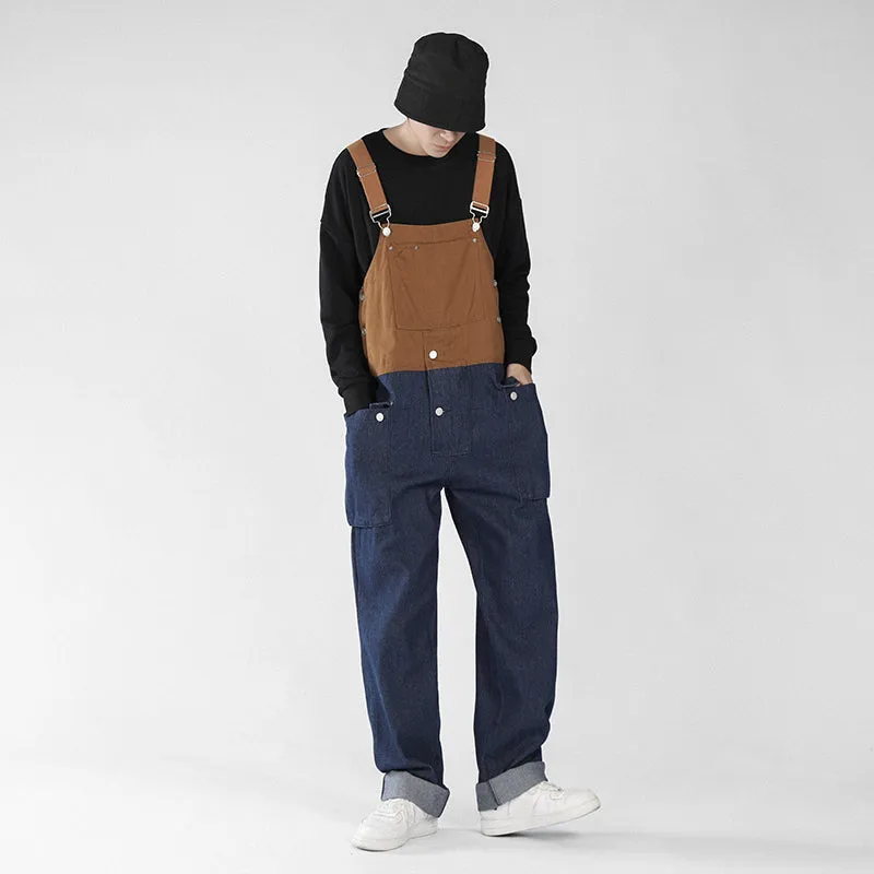 Men's Loose Straight Denim Stitching Overalls