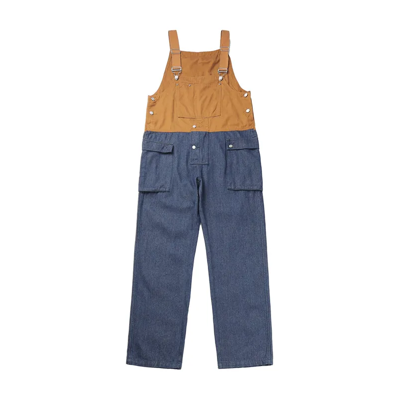 Men's Loose Straight Denim Stitching Overalls