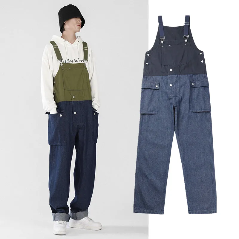 Men's Loose Straight Denim Stitching Overalls