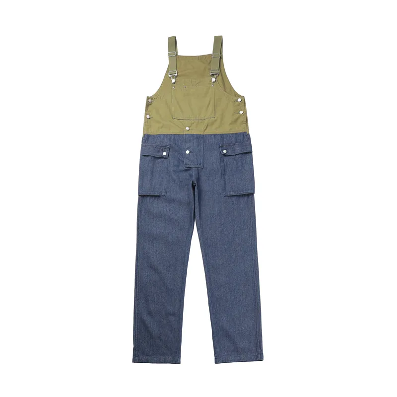 Men's Loose Straight Denim Stitching Overalls