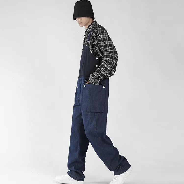 Men's Loose Straight Denim Stitching Overalls