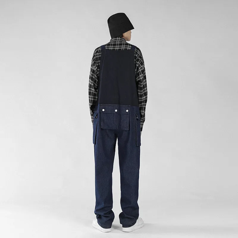 Men's Loose Straight Denim Stitching Overalls