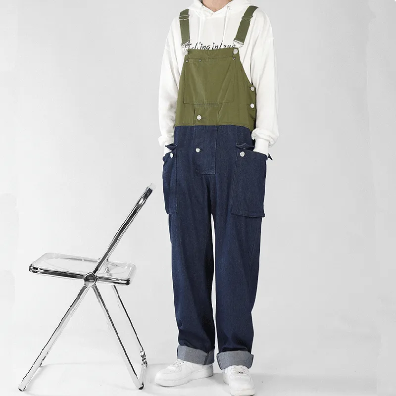 Men's Loose Straight Denim Stitching Overalls