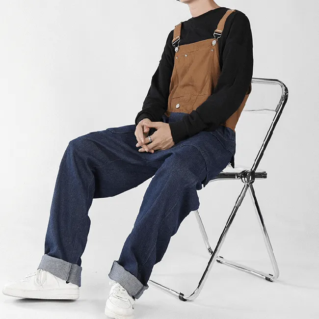Men's Loose Straight Denim Stitching Overalls