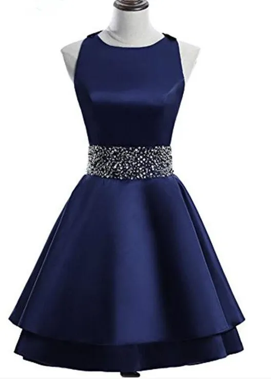 Navy Blue Layers Cross Back Satin Homecoming Dresses Lillie CD10845