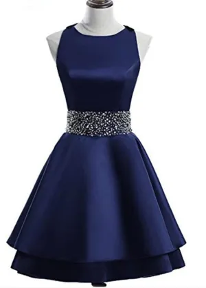 Navy Blue Layers Cross Back Satin Homecoming Dresses Lillie CD10845