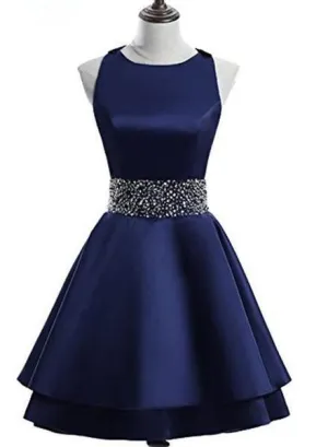 Navy Blue Layers Homecoming Dresses Valeria Satin Cross Back CD13148