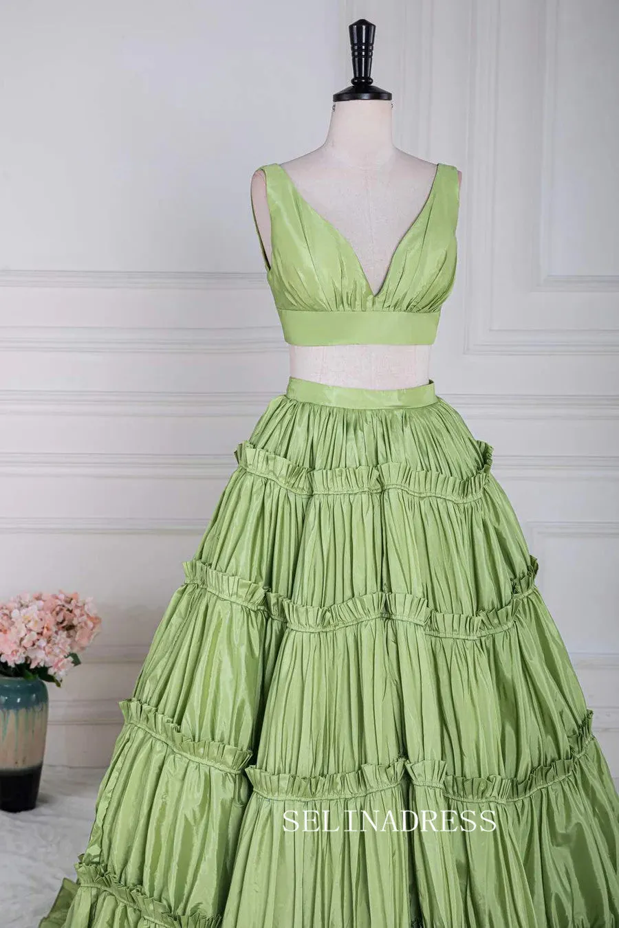 Plunging V Two-Piece Ruffle Layers A-line Green Long Prom Dress lps024