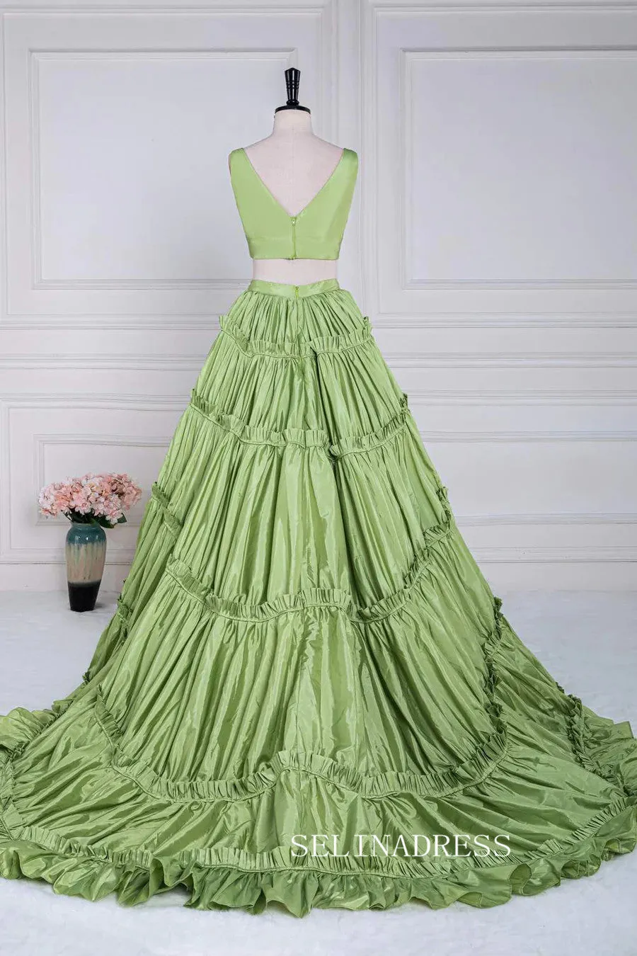 Plunging V Two-Piece Ruffle Layers A-line Green Long Prom Dress lps024