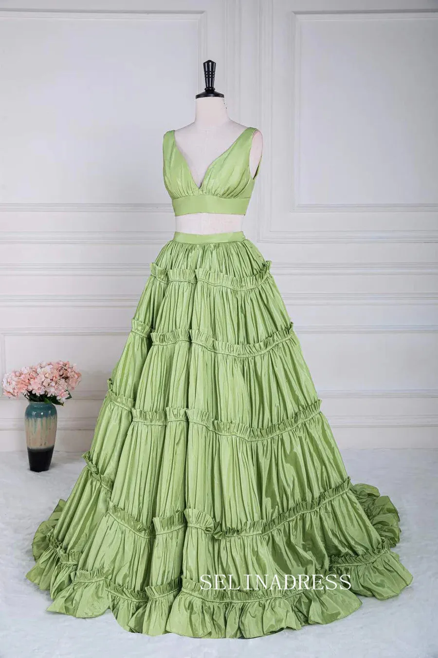 Plunging V Two-Piece Ruffle Layers A-line Green Long Prom Dress lps024